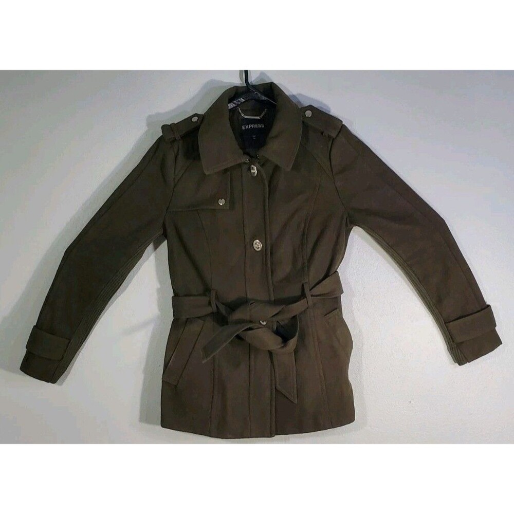 Express Coat Womens Lg Olive Green Suede Leather Belted Jacket